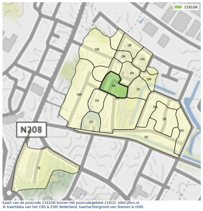 Afbeelding van het postcodegebied 2181 DK op de kaart.