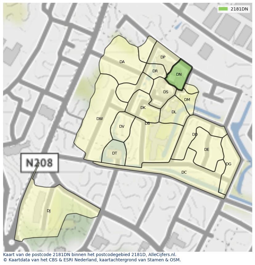 Afbeelding van het postcodegebied 2181 DN op de kaart.
