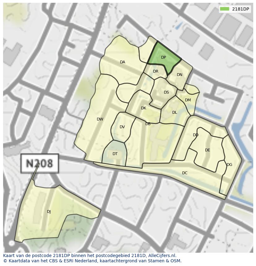 Afbeelding van het postcodegebied 2181 DP op de kaart.