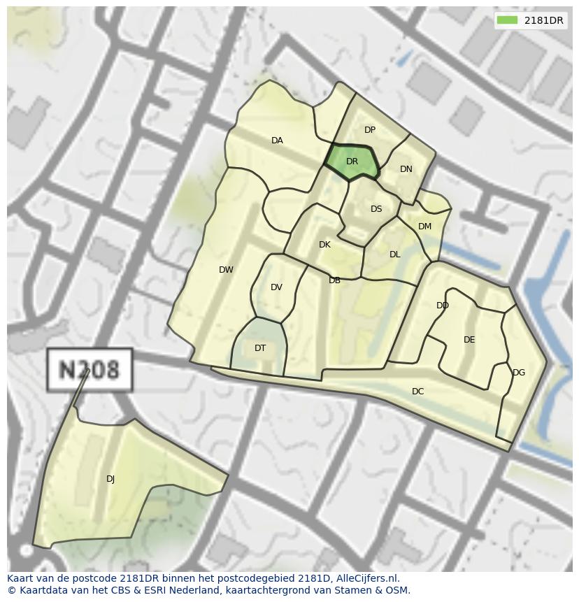 Afbeelding van het postcodegebied 2181 DR op de kaart.