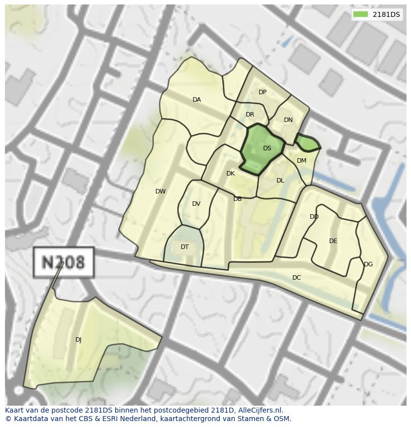 Afbeelding van het postcodegebied 2181 DS op de kaart.