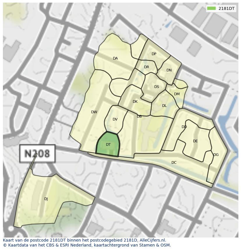 Afbeelding van het postcodegebied 2181 DT op de kaart.