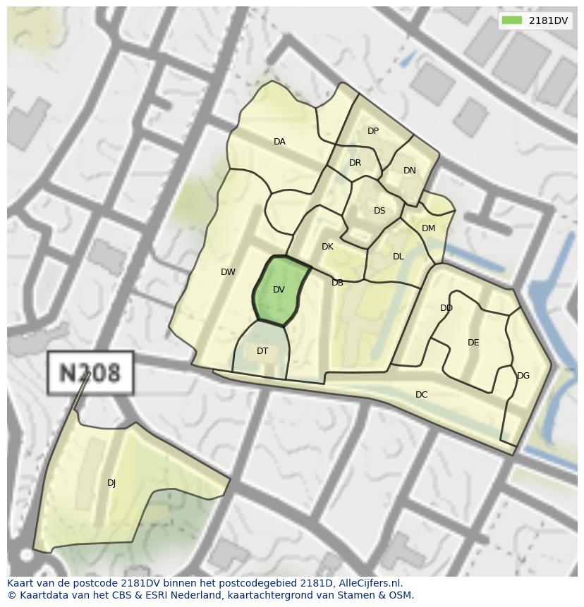 Afbeelding van het postcodegebied 2181 DV op de kaart.