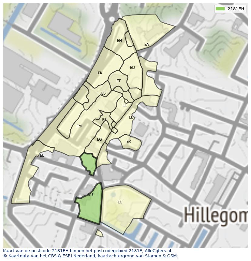 Afbeelding van het postcodegebied 2181 EH op de kaart.