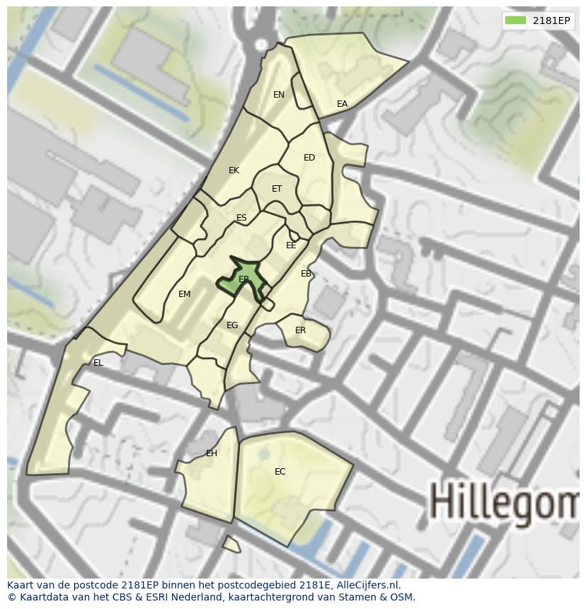 Afbeelding van het postcodegebied 2181 EP op de kaart.