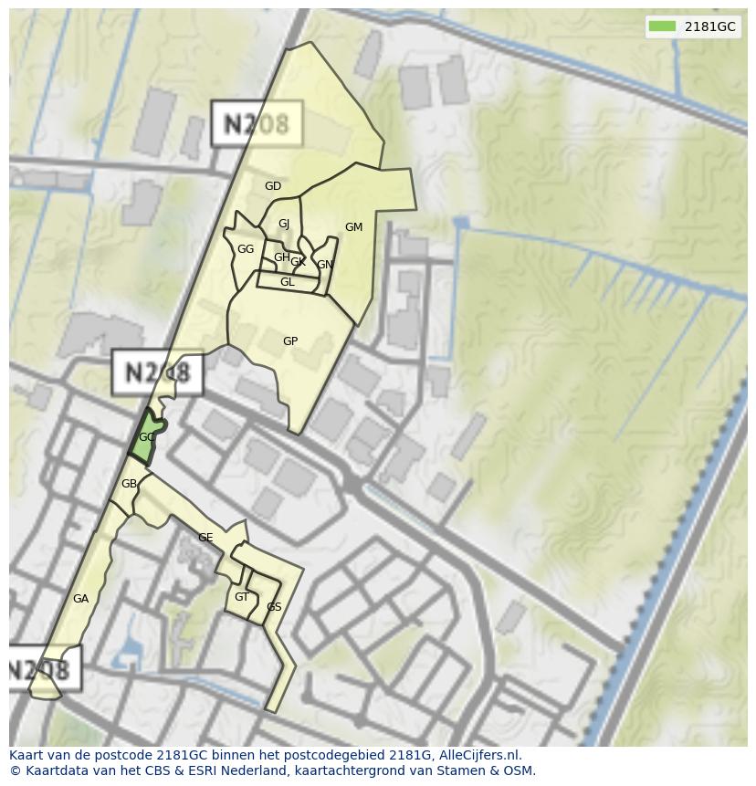 Afbeelding van het postcodegebied 2181 GC op de kaart.