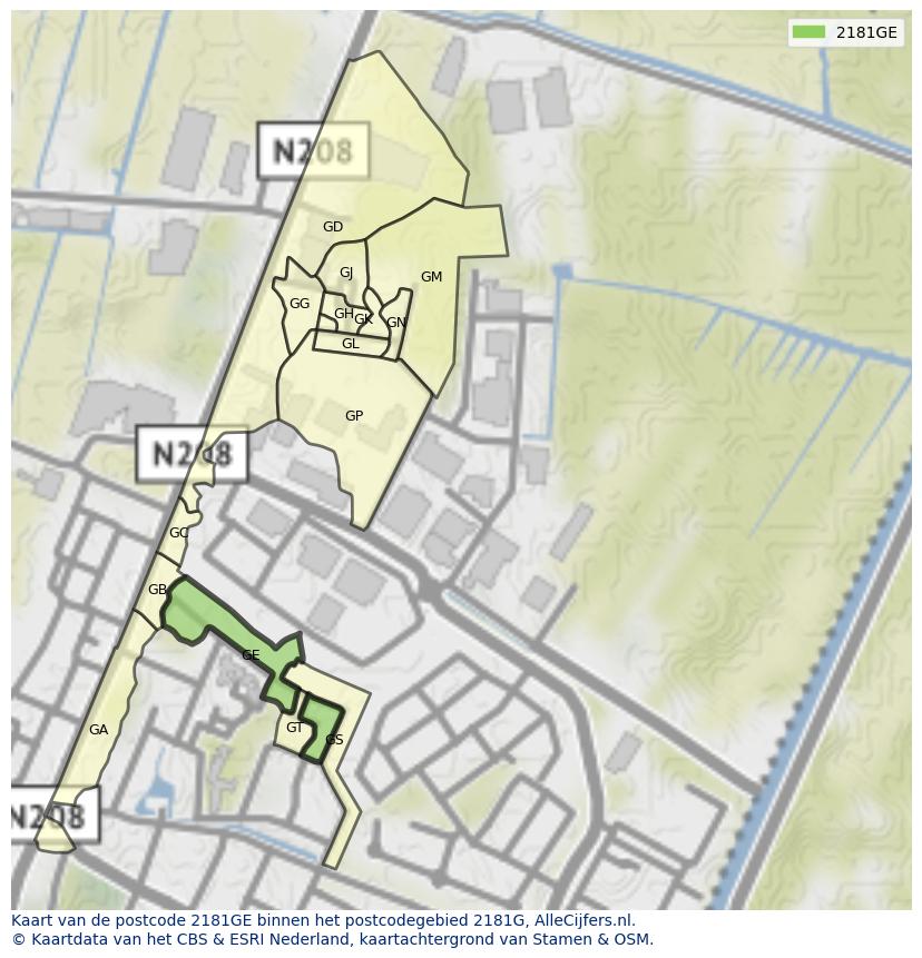 Afbeelding van het postcodegebied 2181 GE op de kaart.