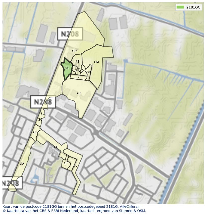 Afbeelding van het postcodegebied 2181 GG op de kaart.