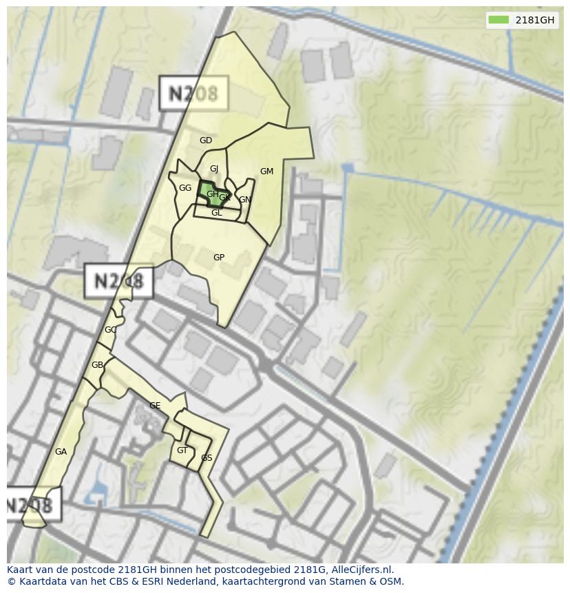 Afbeelding van het postcodegebied 2181 GH op de kaart.