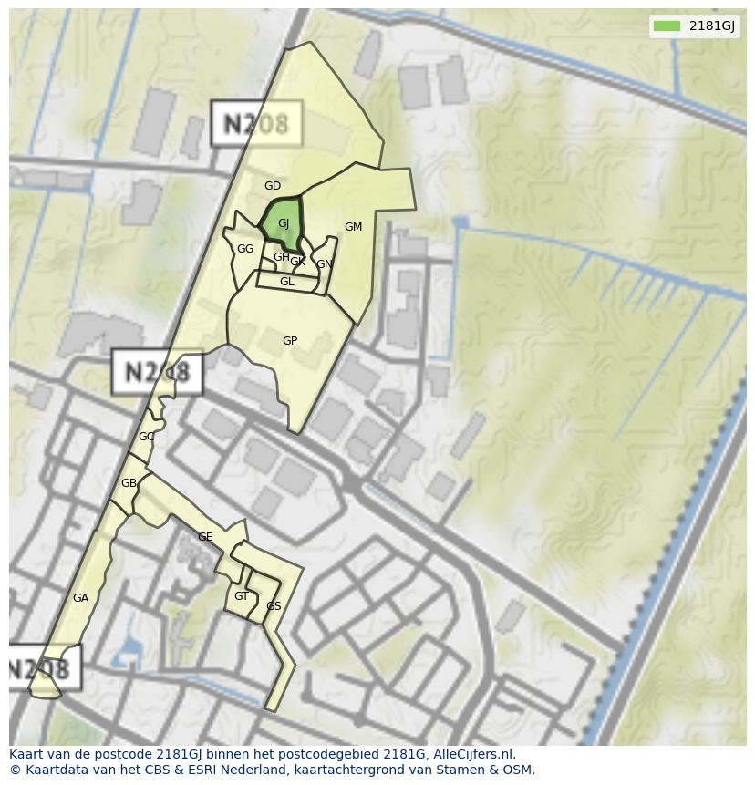 Afbeelding van het postcodegebied 2181 GJ op de kaart.