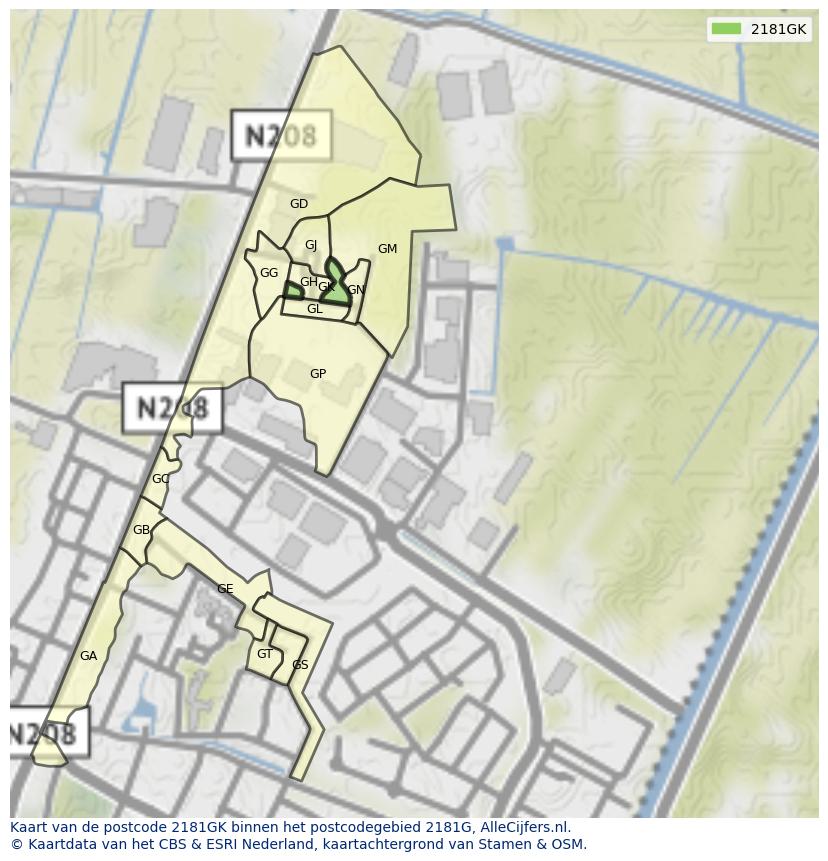 Afbeelding van het postcodegebied 2181 GK op de kaart.