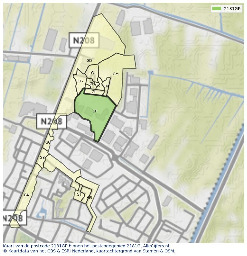 Afbeelding van het postcodegebied 2181 GP op de kaart.