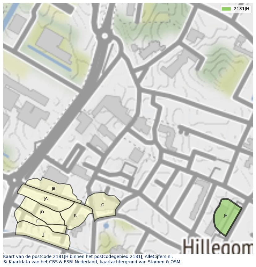 Afbeelding van het postcodegebied 2181 JH op de kaart.
