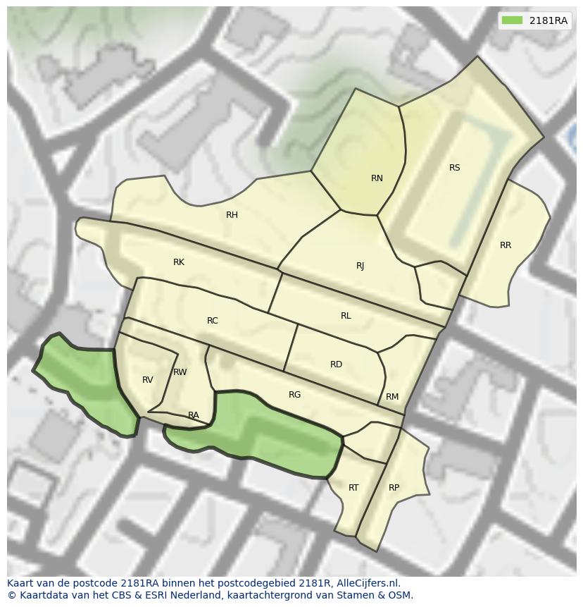 Afbeelding van het postcodegebied 2181 RA op de kaart.