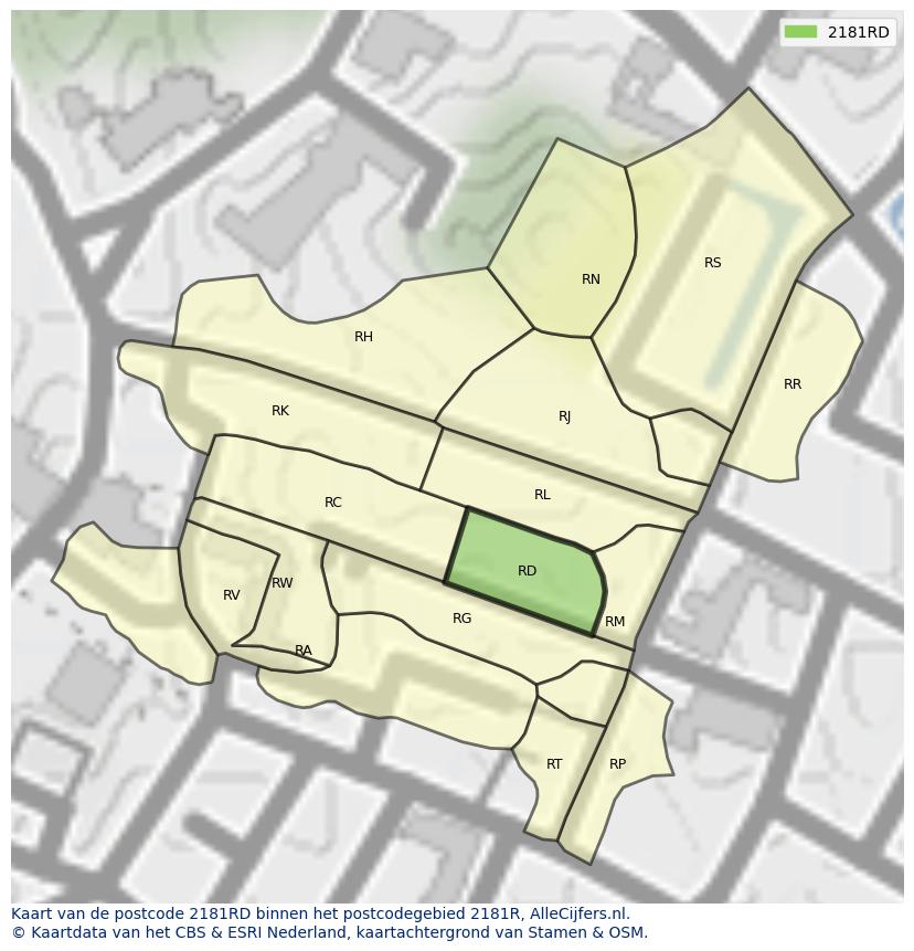 Afbeelding van het postcodegebied 2181 RD op de kaart.