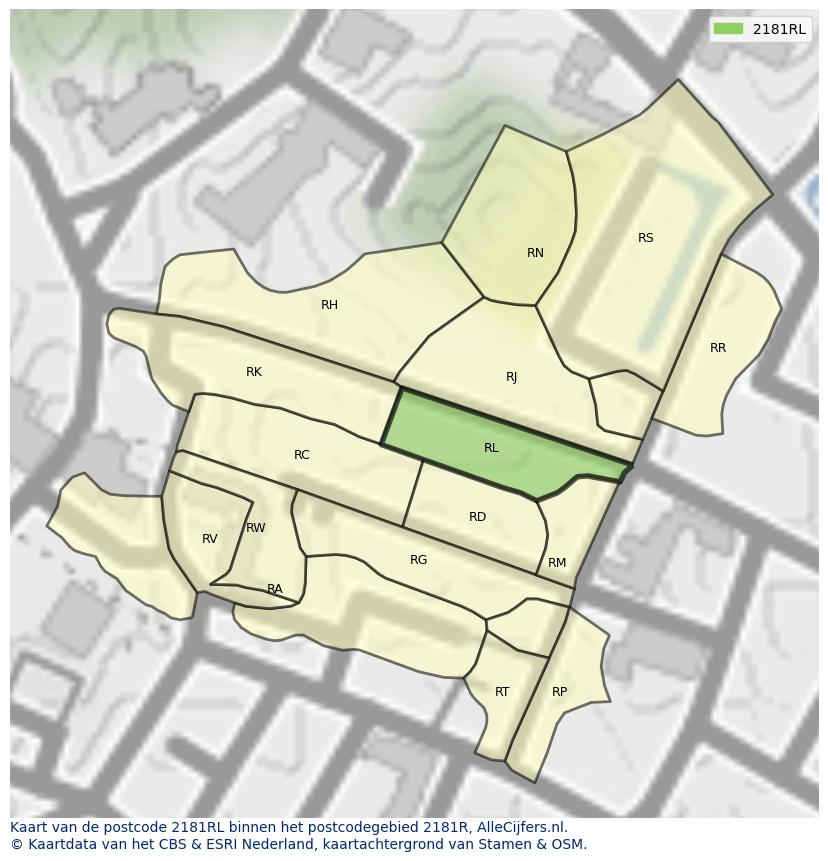 Afbeelding van het postcodegebied 2181 RL op de kaart.