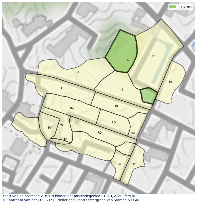 Afbeelding van het postcodegebied 2181 RN op de kaart.
