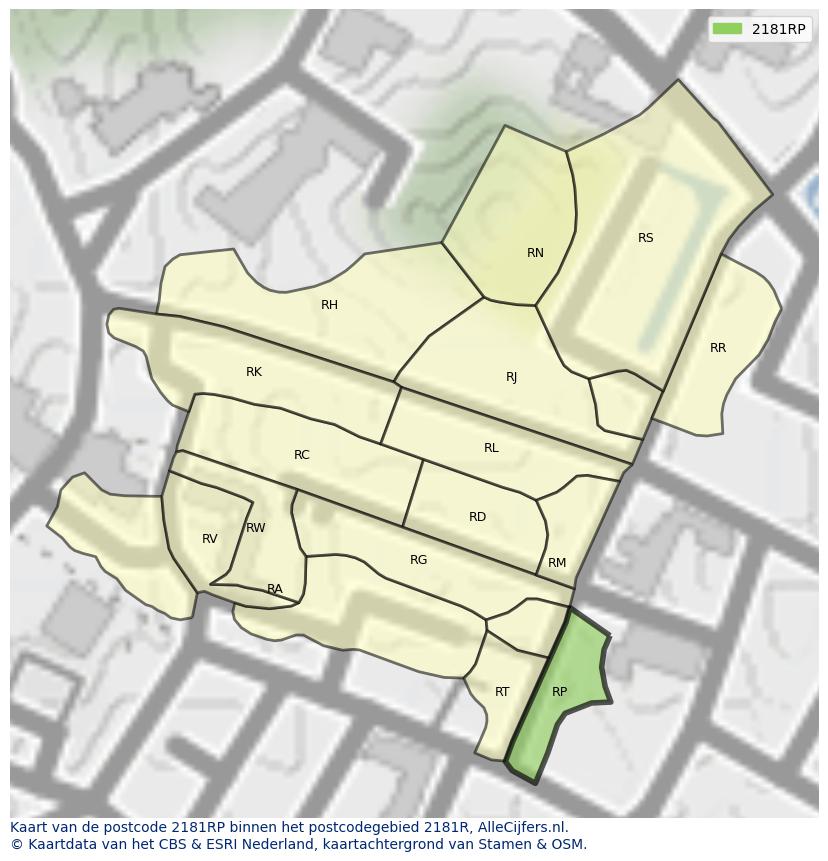 Afbeelding van het postcodegebied 2181 RP op de kaart.