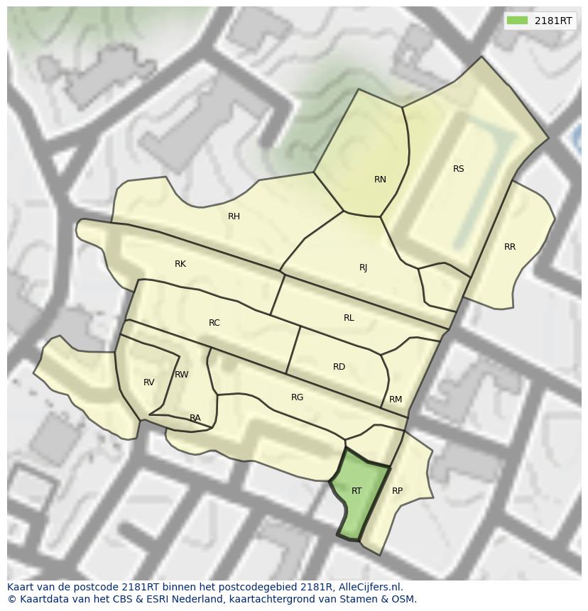 Afbeelding van het postcodegebied 2181 RT op de kaart.