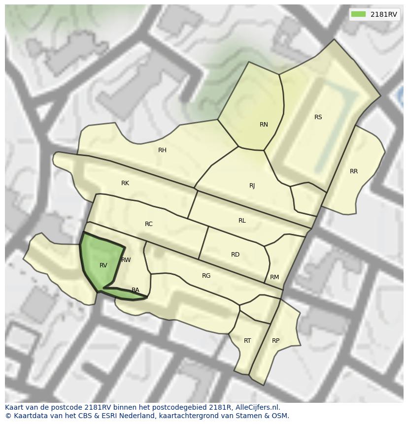 Afbeelding van het postcodegebied 2181 RV op de kaart.