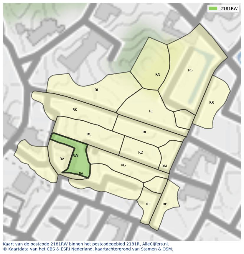 Afbeelding van het postcodegebied 2181 RW op de kaart.