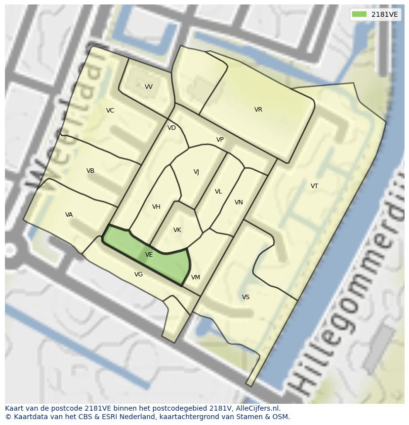 Afbeelding van het postcodegebied 2181 VE op de kaart.