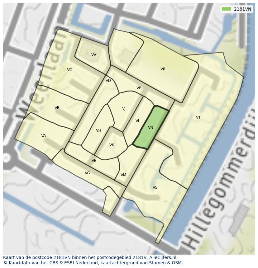 Afbeelding van het postcodegebied 2181 VN op de kaart.