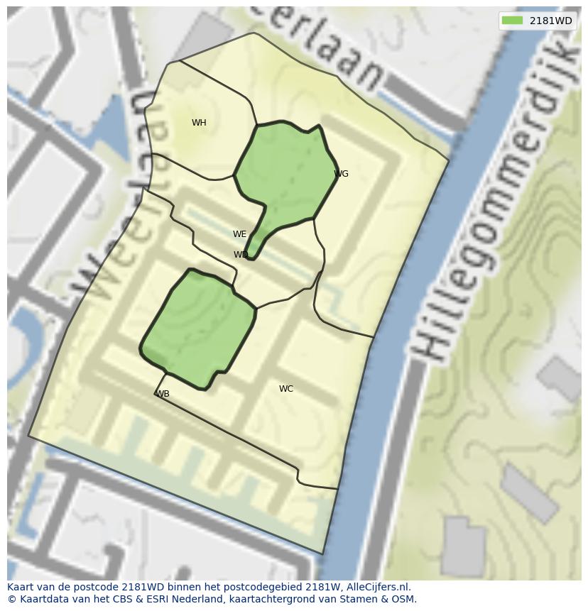 Afbeelding van het postcodegebied 2181 WD op de kaart.