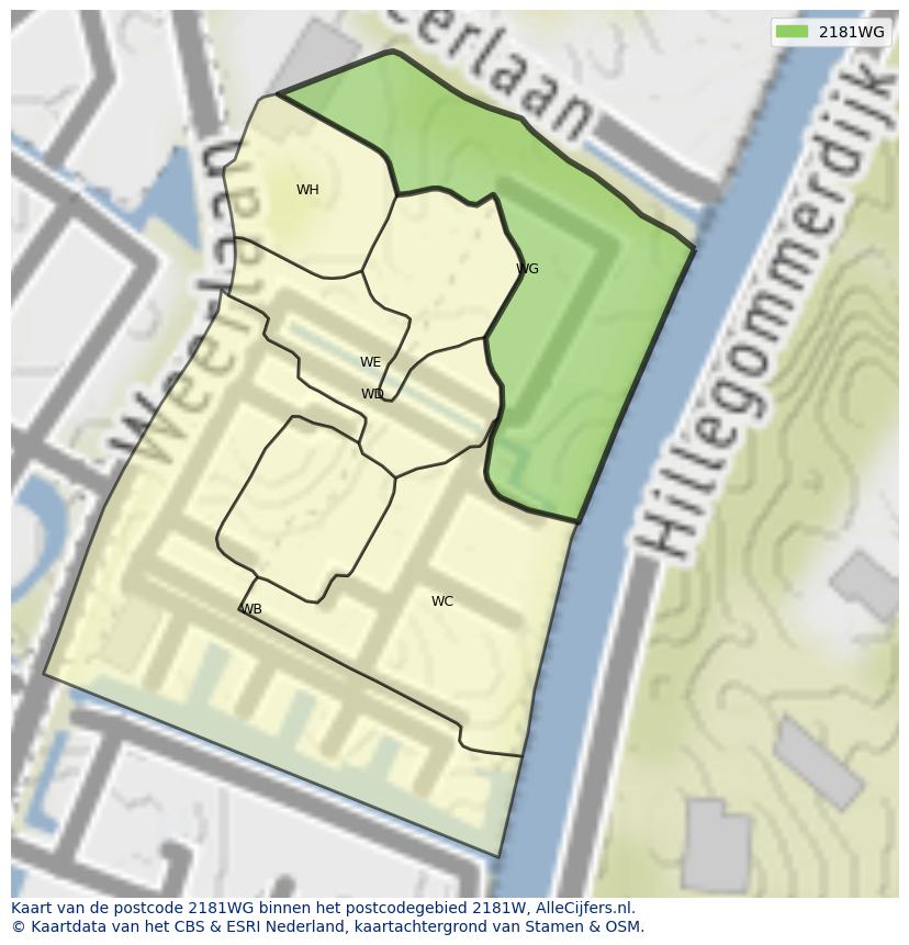 Afbeelding van het postcodegebied 2181 WG op de kaart.