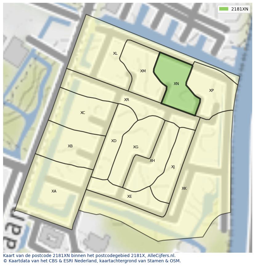 Afbeelding van het postcodegebied 2181 XN op de kaart.