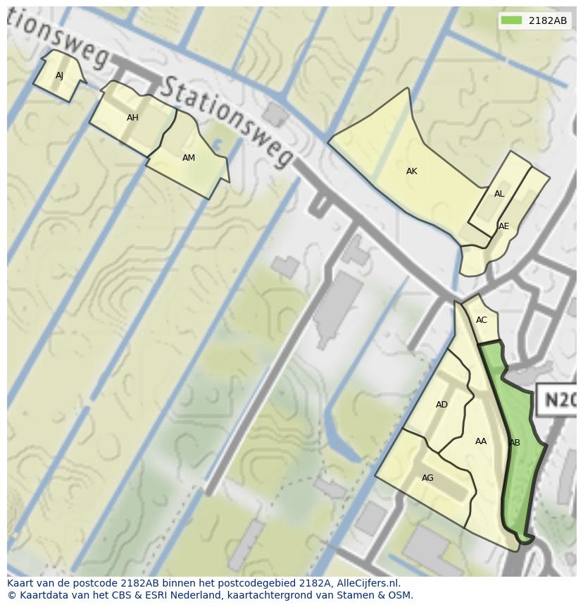 Afbeelding van het postcodegebied 2182 AB op de kaart.