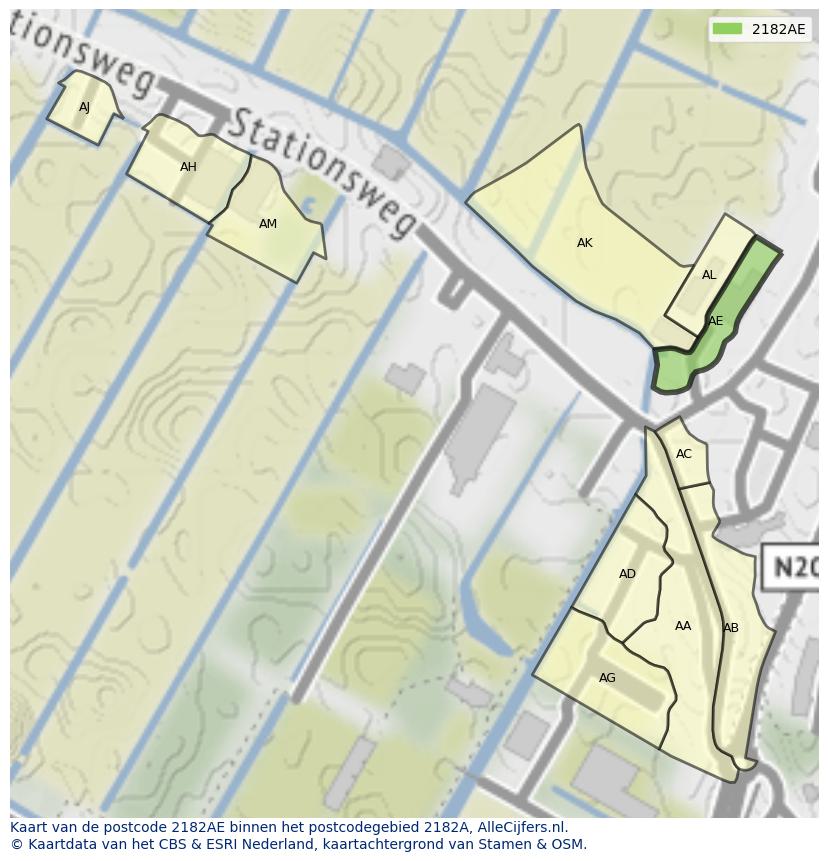Afbeelding van het postcodegebied 2182 AE op de kaart.