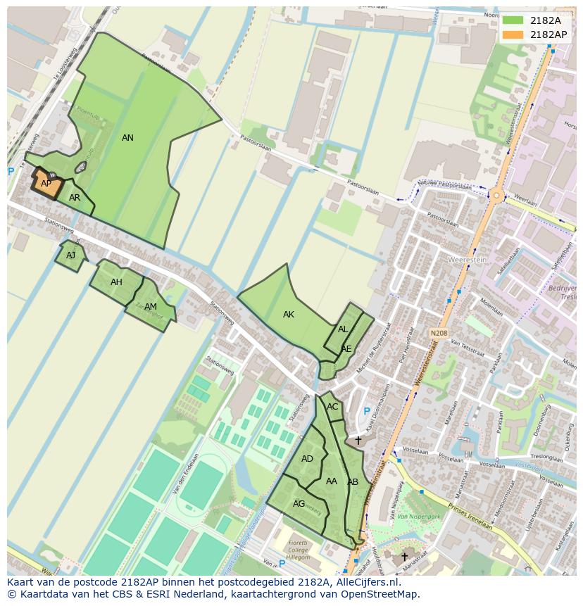 Afbeelding van het postcodegebied 2182 AP op de kaart.