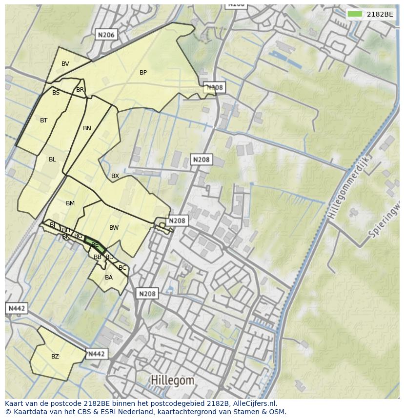 Afbeelding van het postcodegebied 2182 BE op de kaart.