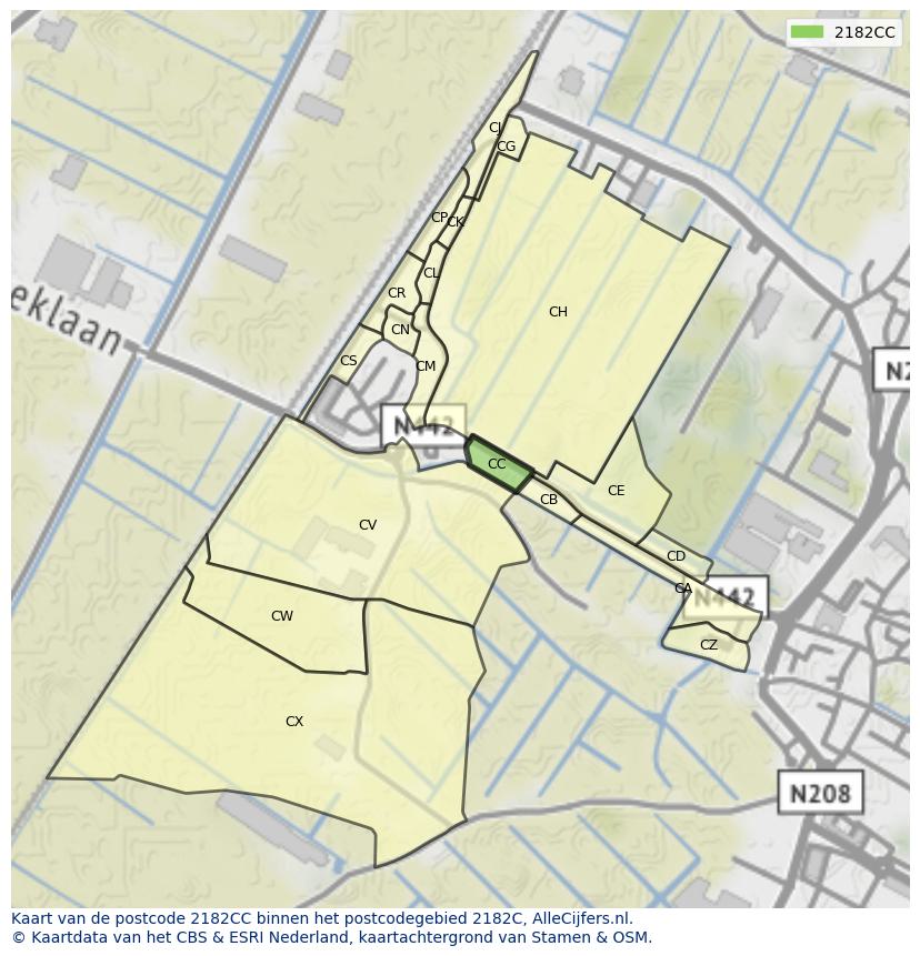 Afbeelding van het postcodegebied 2182 CC op de kaart.
