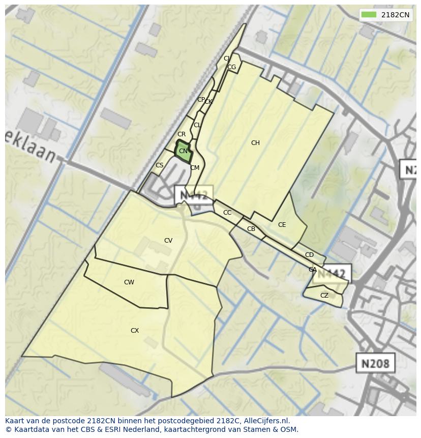 Afbeelding van het postcodegebied 2182 CN op de kaart.