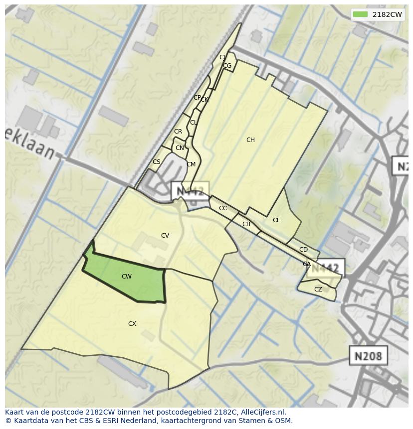 Afbeelding van het postcodegebied 2182 CW op de kaart.