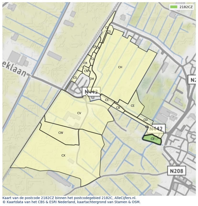 Afbeelding van het postcodegebied 2182 CZ op de kaart.