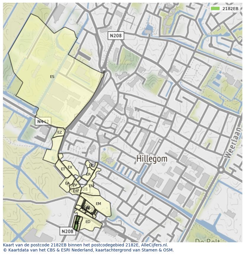 Afbeelding van het postcodegebied 2182 EB op de kaart.