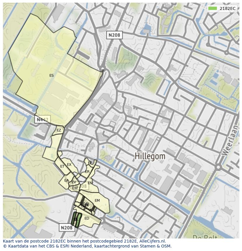 Afbeelding van het postcodegebied 2182 EC op de kaart.