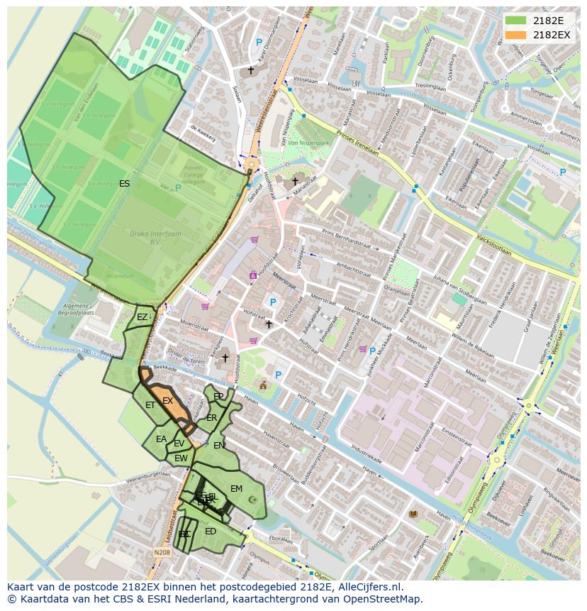 Afbeelding van het postcodegebied 2182 EX op de kaart.