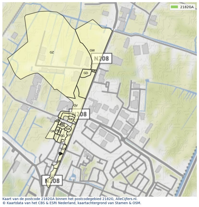 Afbeelding van het postcodegebied 2182 GA op de kaart.