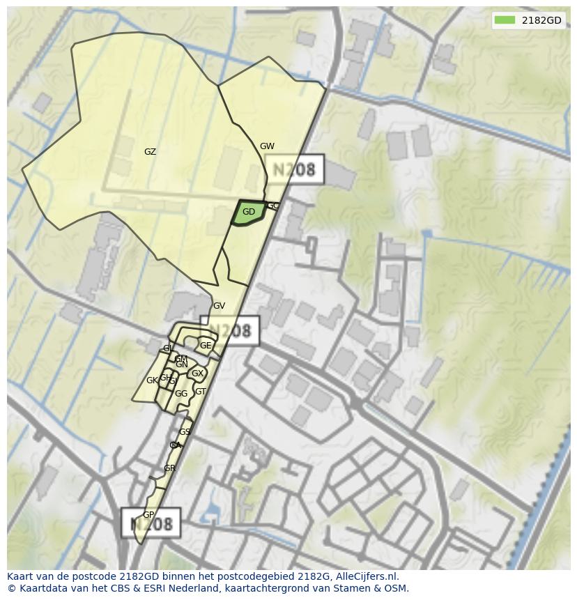 Afbeelding van het postcodegebied 2182 GD op de kaart.