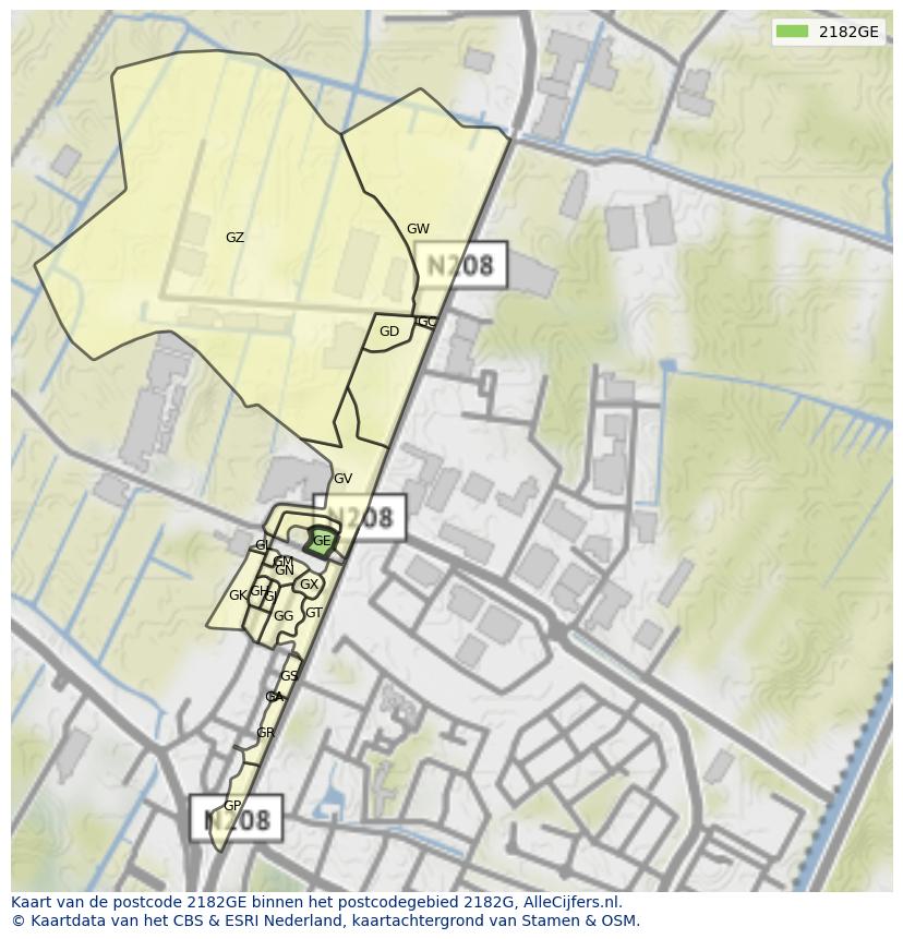 Afbeelding van het postcodegebied 2182 GE op de kaart.