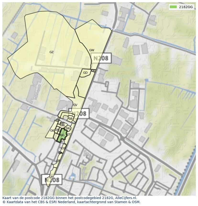 Afbeelding van het postcodegebied 2182 GG op de kaart.