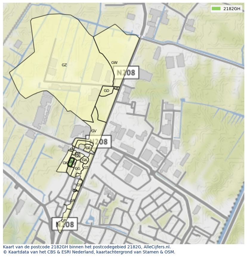 Afbeelding van het postcodegebied 2182 GH op de kaart.