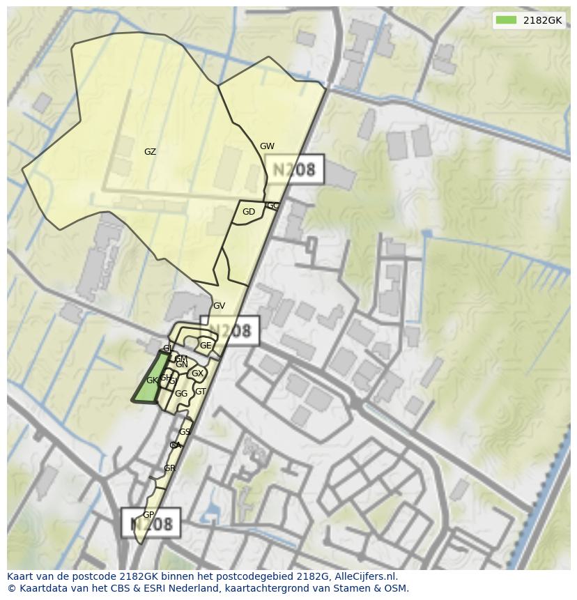 Afbeelding van het postcodegebied 2182 GK op de kaart.