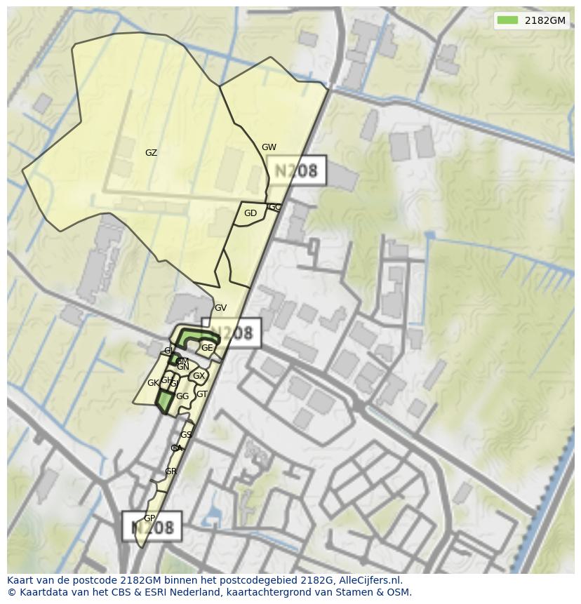 Afbeelding van het postcodegebied 2182 GM op de kaart.