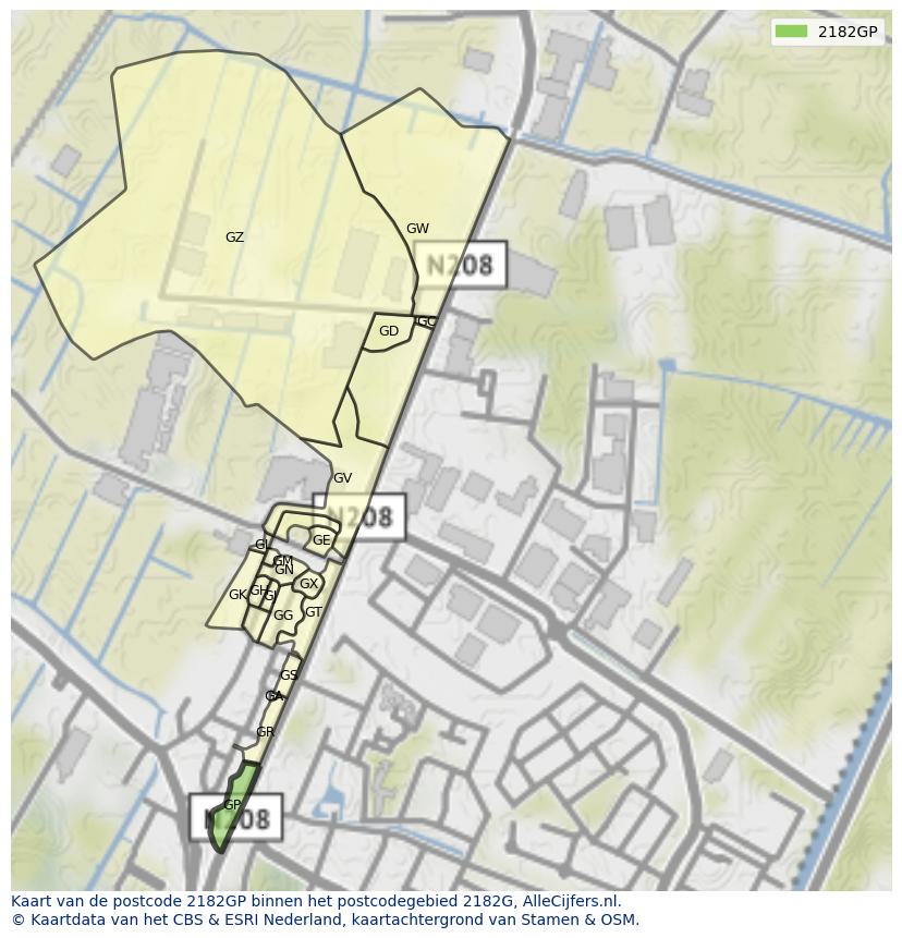 Afbeelding van het postcodegebied 2182 GP op de kaart.