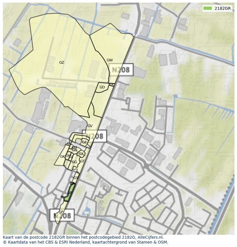 Afbeelding van het postcodegebied 2182 GR op de kaart.
